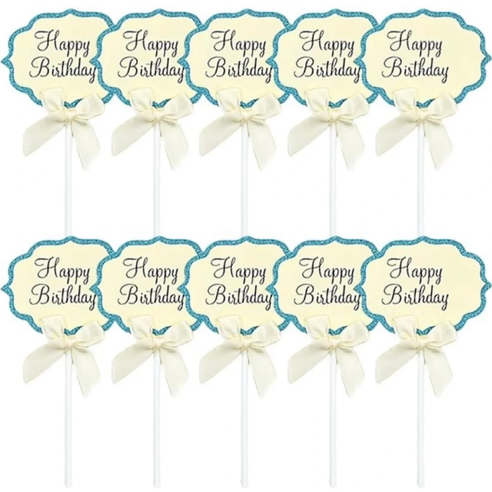 💞 New Pack of 10 Cream & Blue Glitter Happy Birthday Cupcake & Cake Toppers